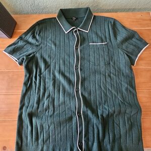 Mens Dark Green Ribbed Cotton Short Sleeve Button Down Sweater Polo Size XL